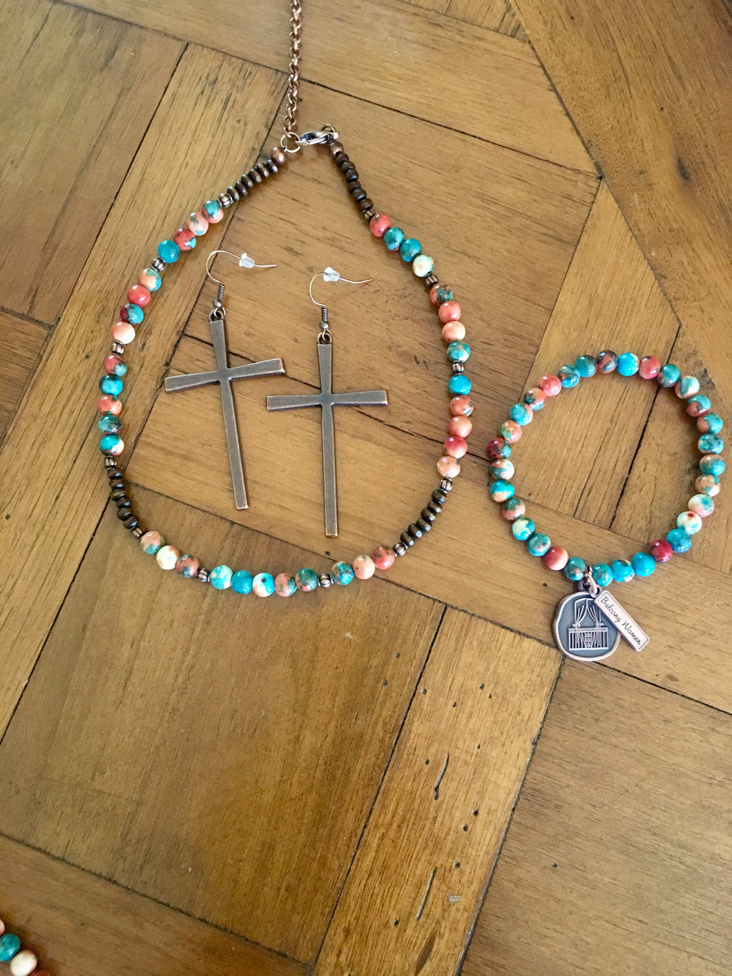 Multi Colored Turquoise Beaded Jewelry Set with Copper Cross Earrings